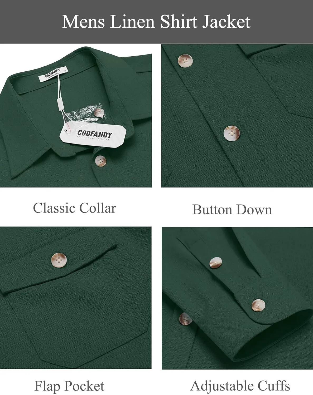 COOFANDY Men's Casual Shirt Jacket Linen Button Down Shirt Long Sleeve Lightweight Shacket with Pockets