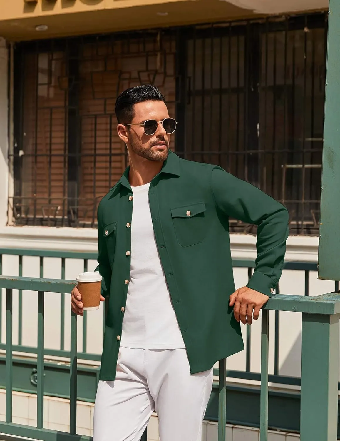 COOFANDY Men's Casual Shirt Jacket Linen Button Down Shirt Long Sleeve Lightweight Shacket with Pockets
