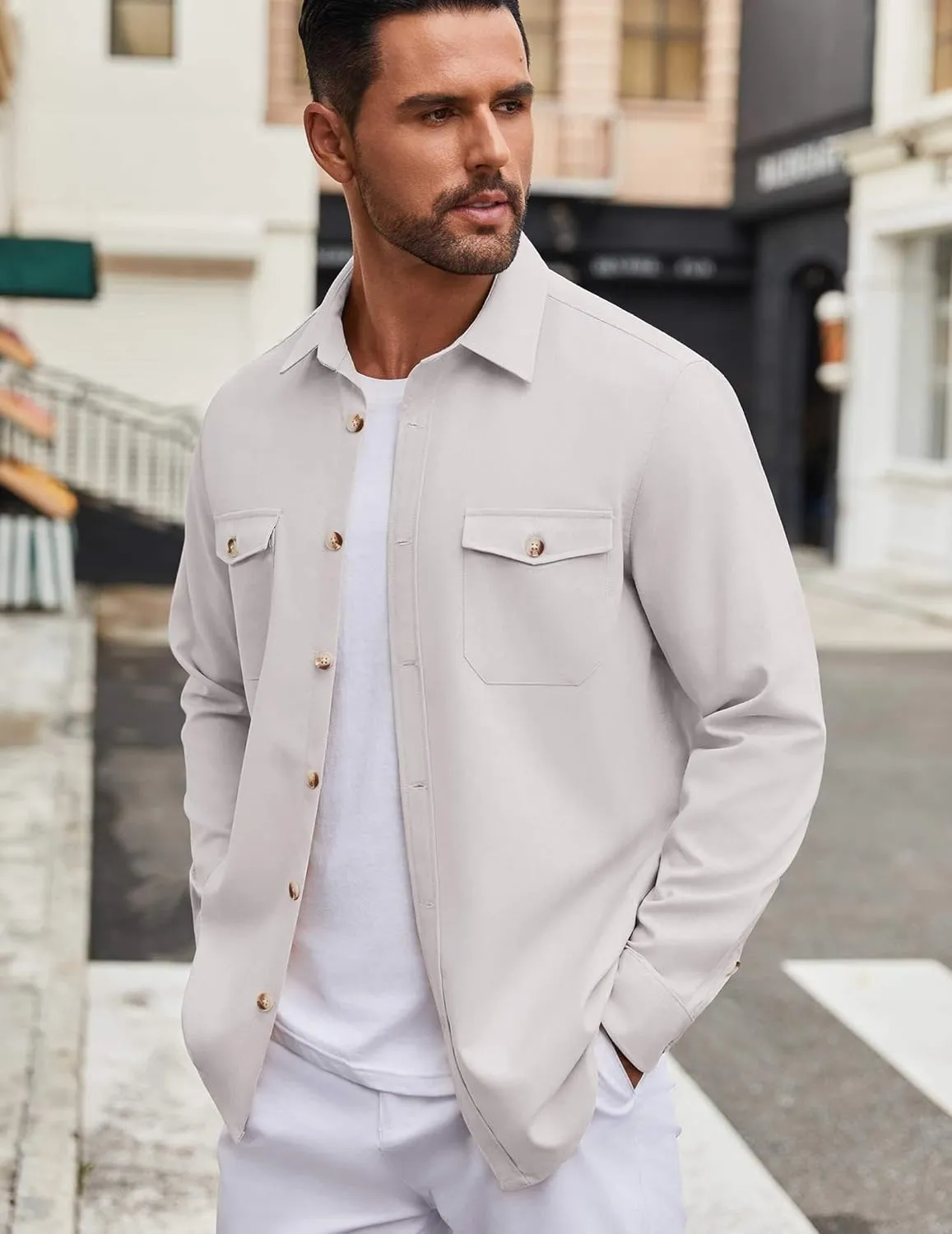 COOFANDY Men's Casual Shirt Jacket Linen Button Down Shirt Long Sleeve Lightweight Shacket with Pockets
