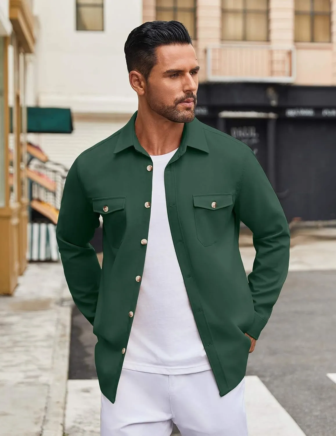 COOFANDY Men's Casual Shirt Jacket Linen Button Down Shirt Long Sleeve Lightweight Shacket with Pockets