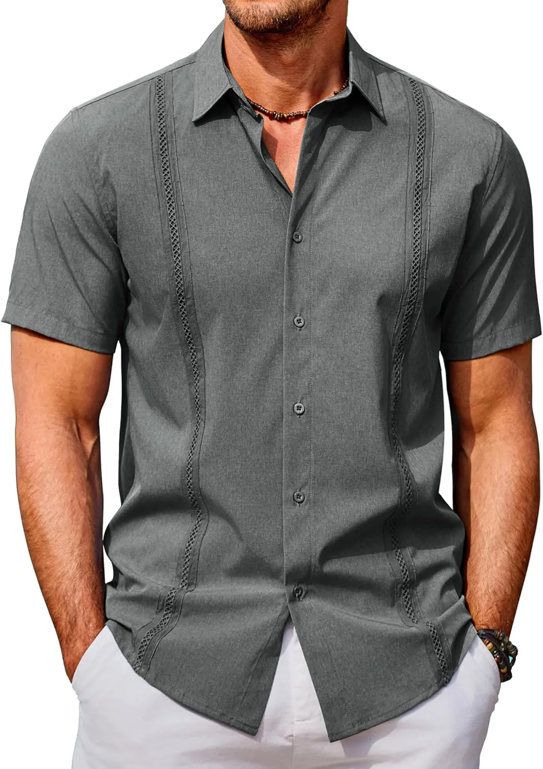 COOFANDY Men's Cuban Guayabera Shirts Casual Short Sleeve Button Down Shirt Summer Beach Vacation Shirt