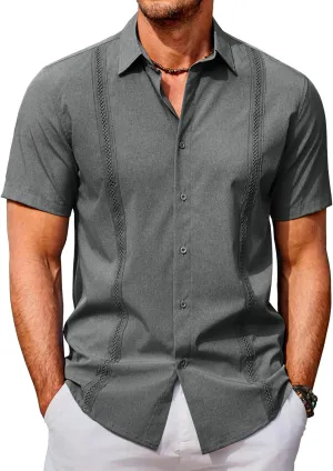 COOFANDY Men's Cuban Guayabera Shirts Casual Short Sleeve Button Down Shirt Summer Beach Vacation Shirt