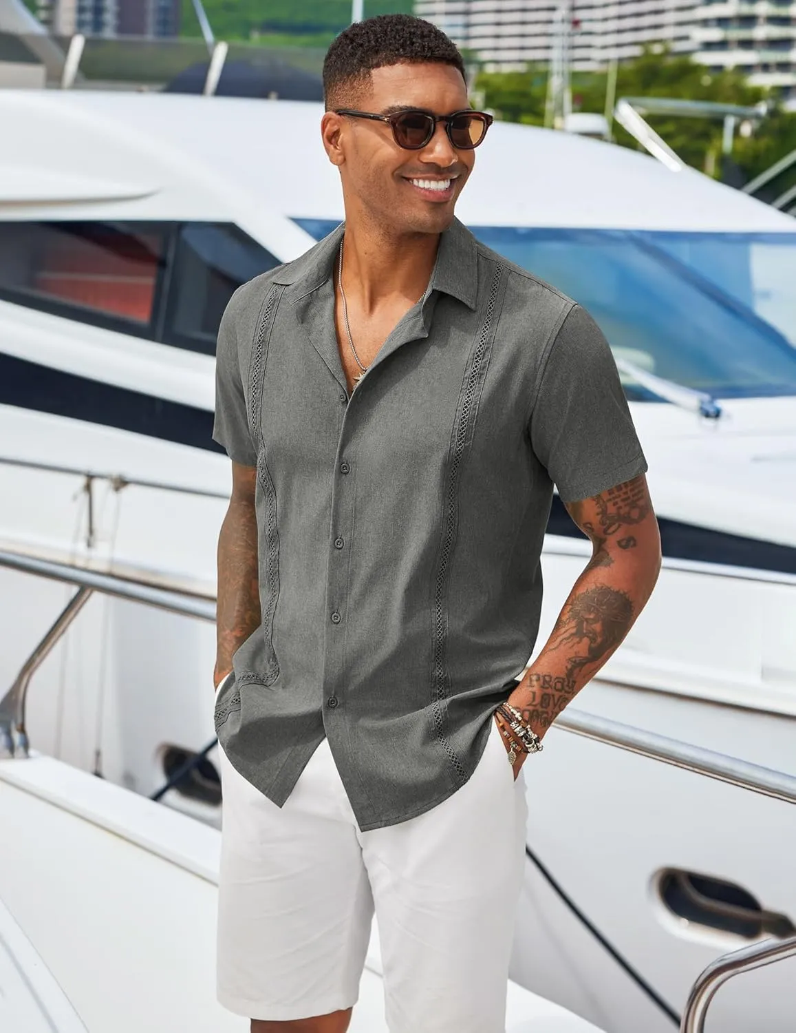 COOFANDY Men's Cuban Guayabera Shirts Casual Short Sleeve Button Down Shirt Summer Beach Vacation Shirt