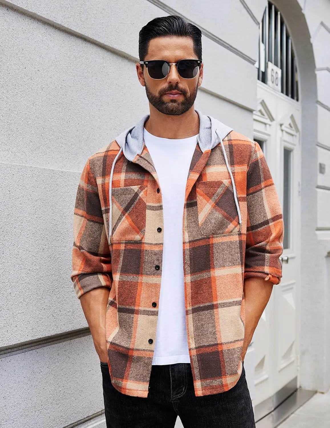 COOFANDY Men's Flannel Hoodie Plaid Shirt Long Sleeve Button Down Casual Shirt Jacket Lightweight Fall Shacket