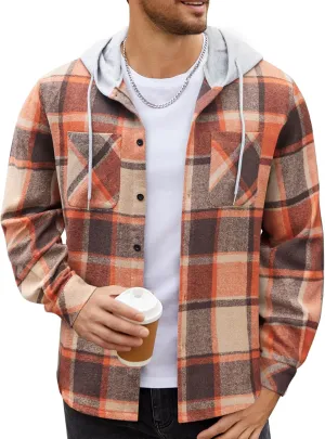COOFANDY Men's Flannel Hoodie Plaid Shirt Long Sleeve Button Down Casual Shirt Jacket Lightweight Fall Shacket