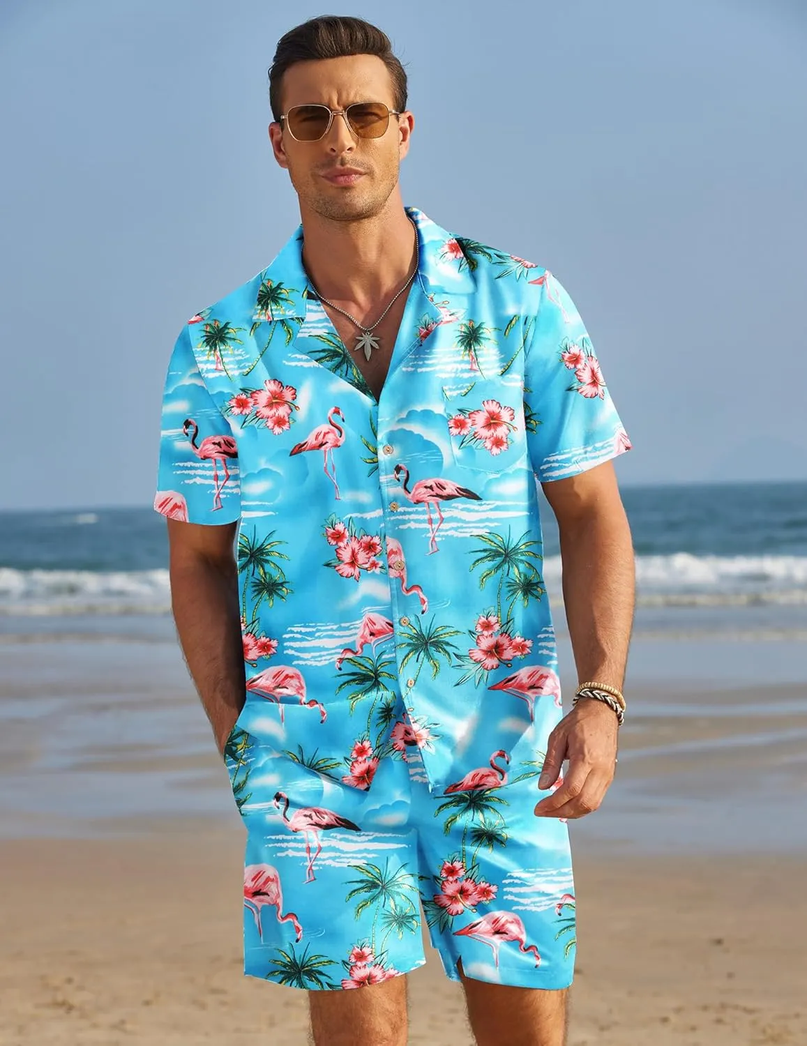 COOFANDY Mens Hawaiian Shirt and Shorts Set 2 Piece Vacation Outfits Floral Button Down Shirt