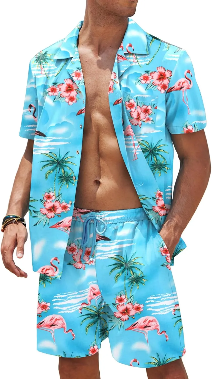 COOFANDY Mens Hawaiian Shirt and Shorts Set 2 Piece Vacation Outfits Floral Button Down Shirt