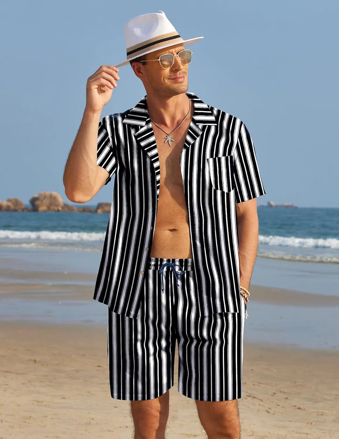 COOFANDY Mens Hawaiian Shirt and Shorts Set 2 Piece Vacation Outfits Floral Button Down Shirt