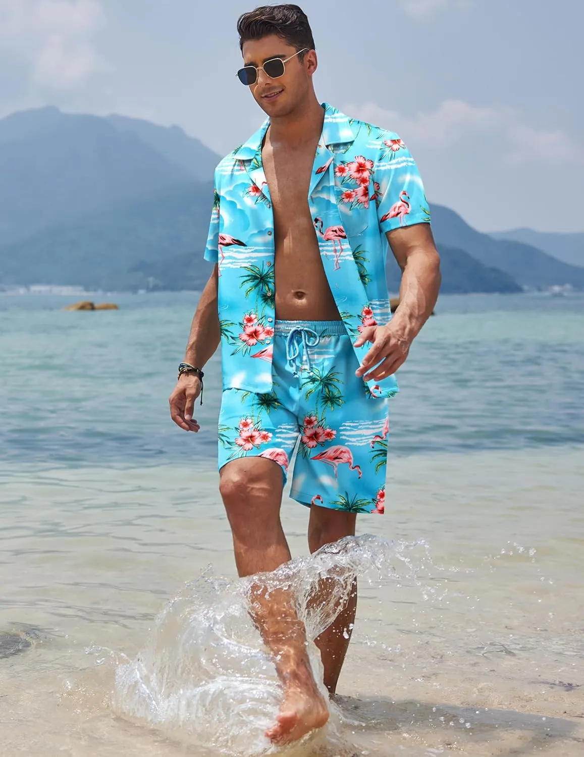 COOFANDY Mens Hawaiian Shirt and Shorts Set 2 Piece Vacation Outfits Floral Button Down Shirt