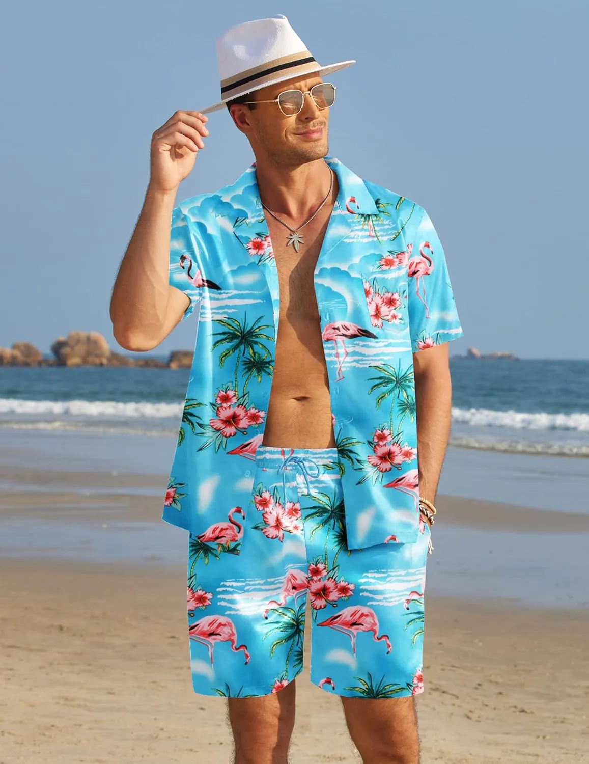 COOFANDY Mens Hawaiian Shirt and Shorts Set 2 Piece Vacation Outfits Floral Button Down Shirt