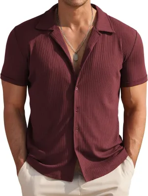 COOFANDY Mens Knit Button Down Shirt Short Sleeve Button Up Shirt Summer Casual Beach Tops