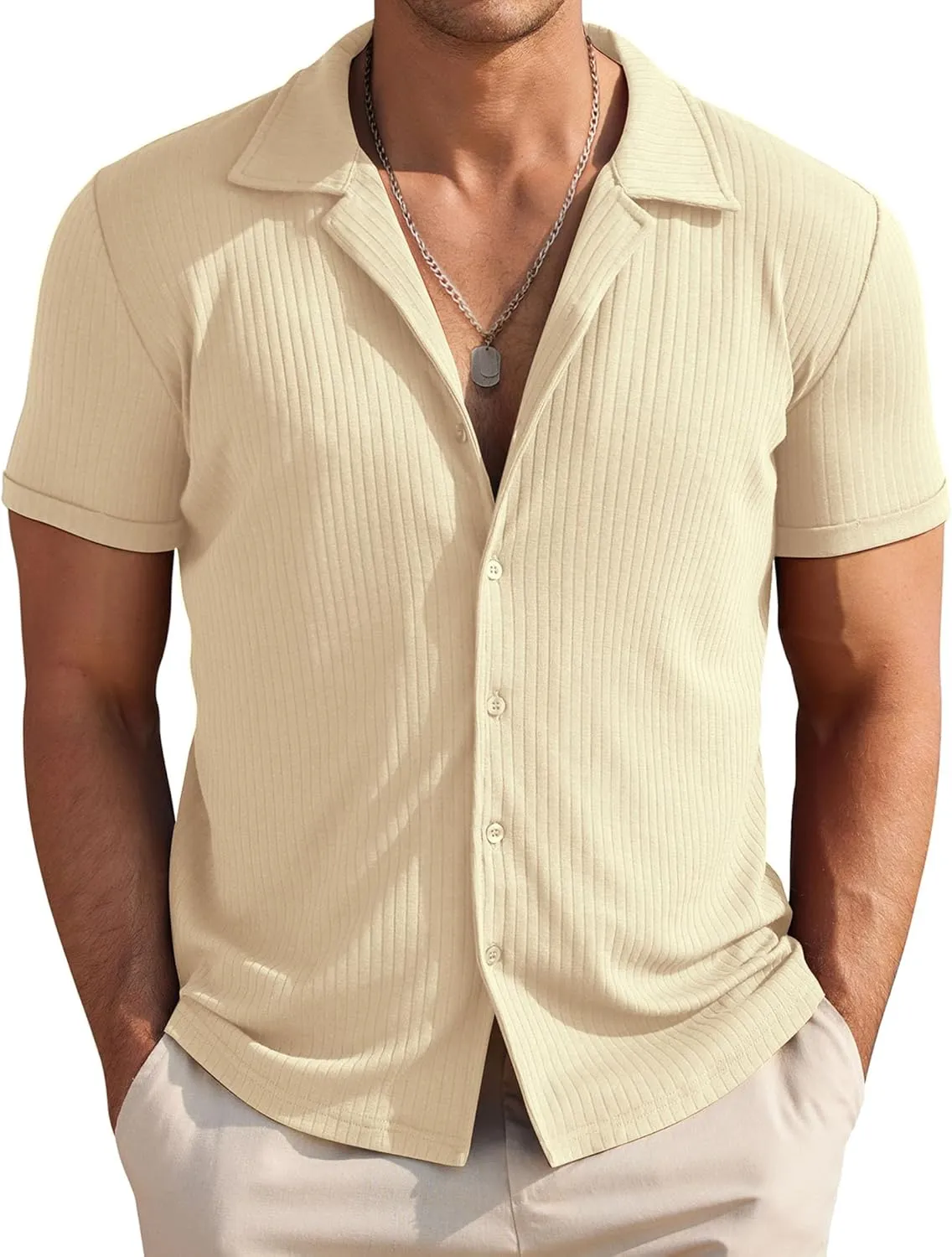 COOFANDY Mens Knit Button Down Shirt Short Sleeve Button Up Shirt Summer Casual Beach Tops