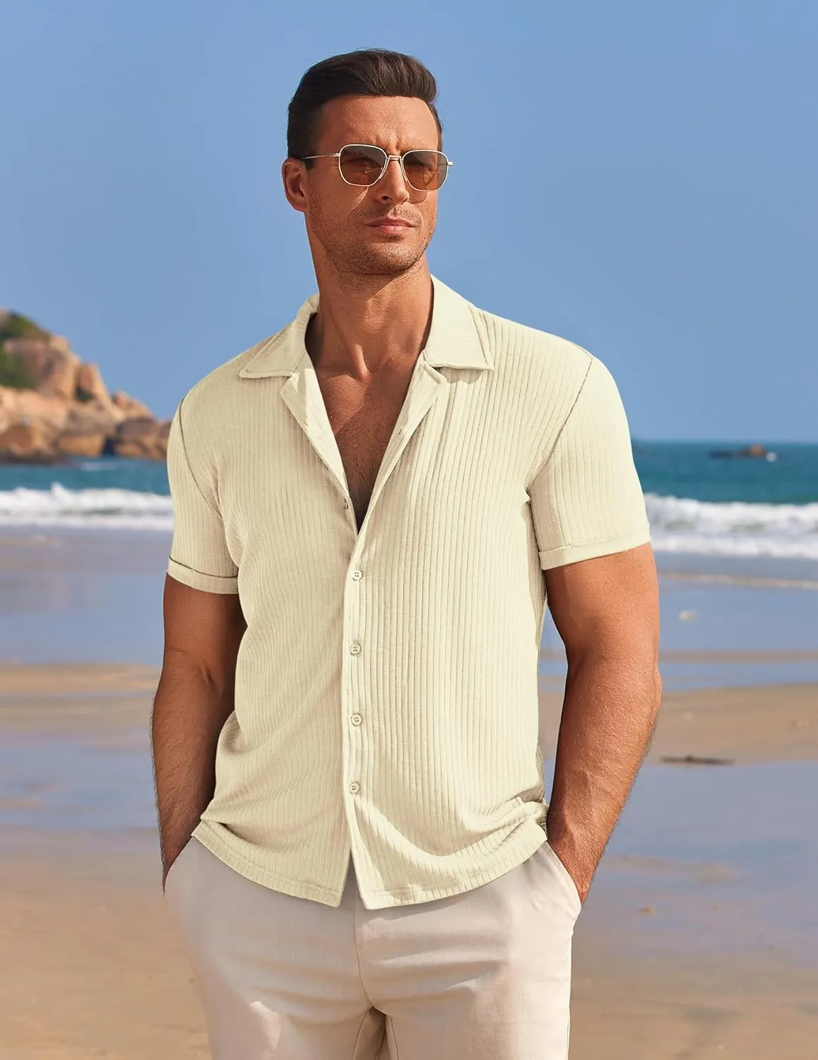 COOFANDY Mens Knit Button Down Shirt Short Sleeve Button Up Shirt Summer Casual Beach Tops
