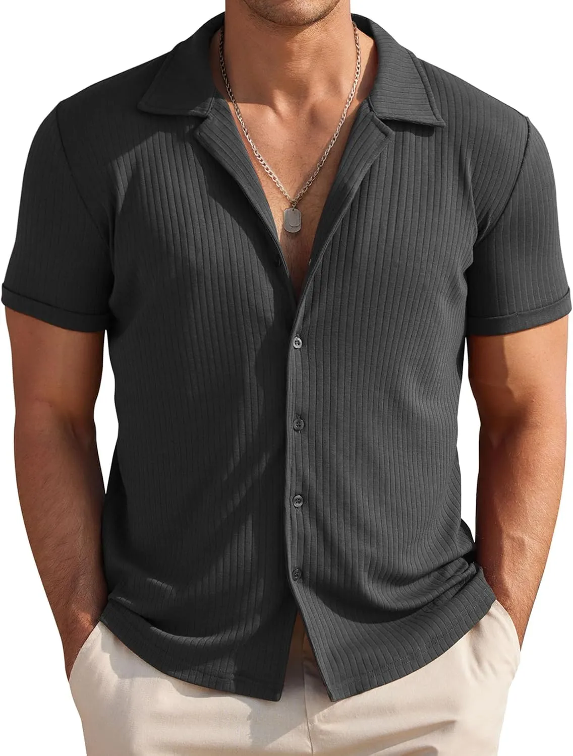 COOFANDY Mens Knit Button Down Shirt Short Sleeve Button Up Shirt Summer Casual Beach Tops