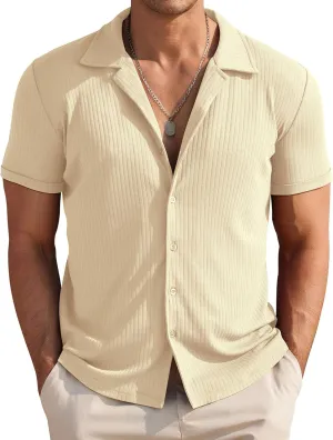 COOFANDY Mens Knit Button Down Shirt Short Sleeve Button Up Shirt Summer Casual Beach Tops