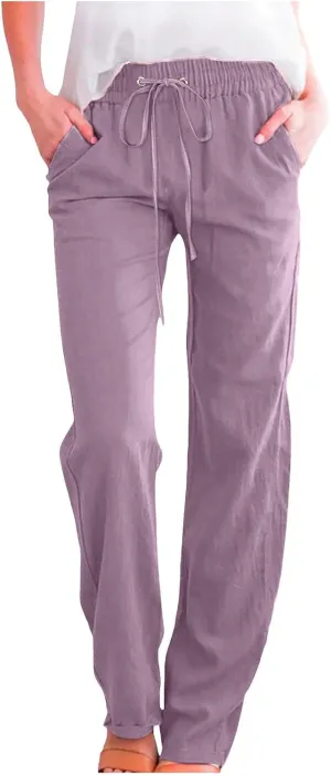 Cotton Linen Pants for Women Drawstring Lightweight Pants Plus Size Wide Leg Sweatpants Summer Elastic Waist Trousers