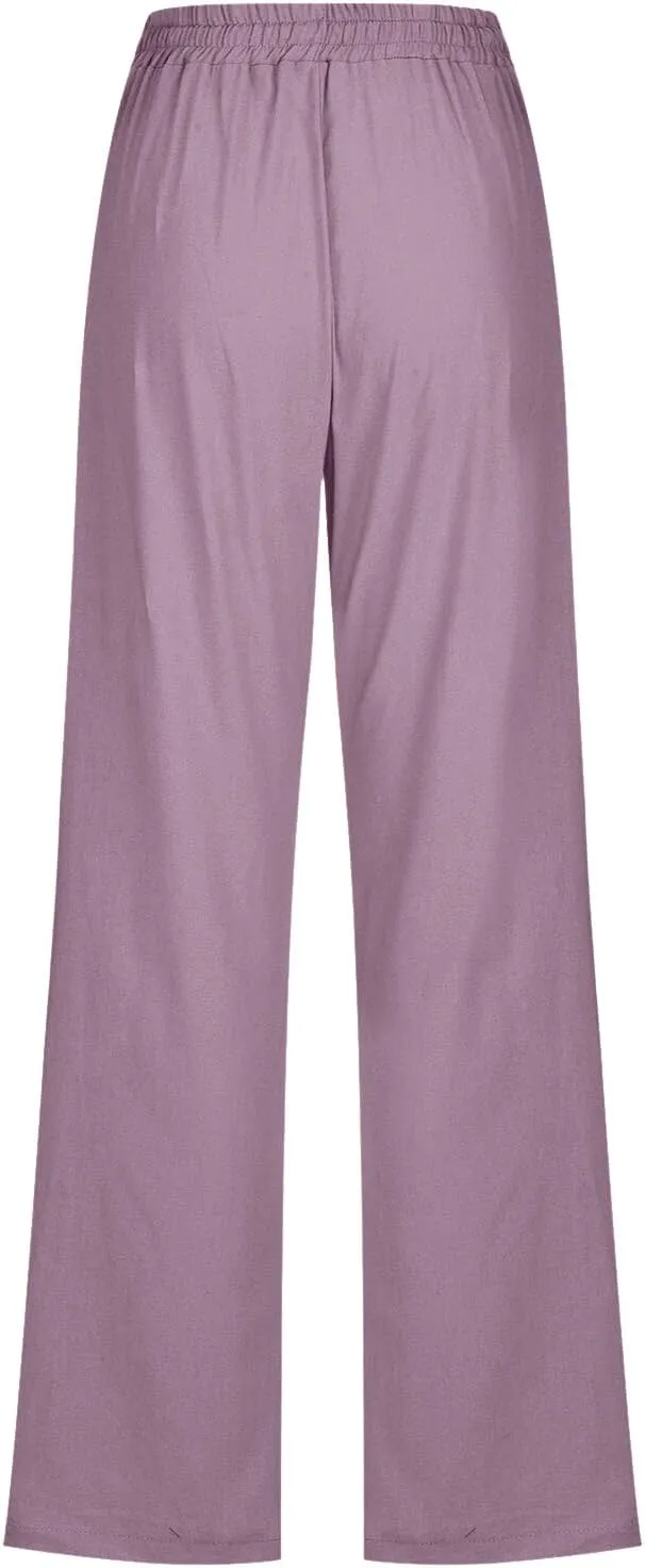 Cotton Linen Pants for Women Drawstring Lightweight Pants Plus Size Wide Leg Sweatpants Summer Elastic Waist Trousers