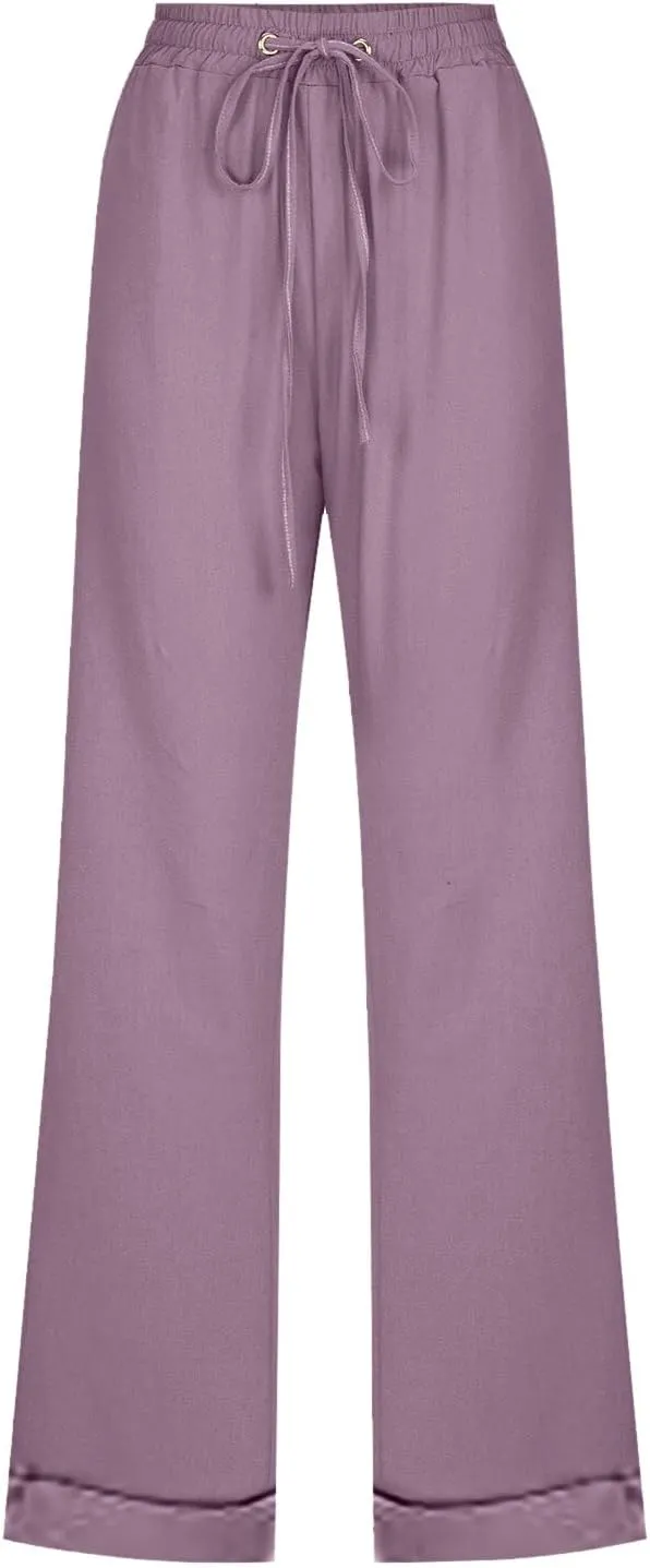 Cotton Linen Pants for Women Drawstring Lightweight Pants Plus Size Wide Leg Sweatpants Summer Elastic Waist Trousers