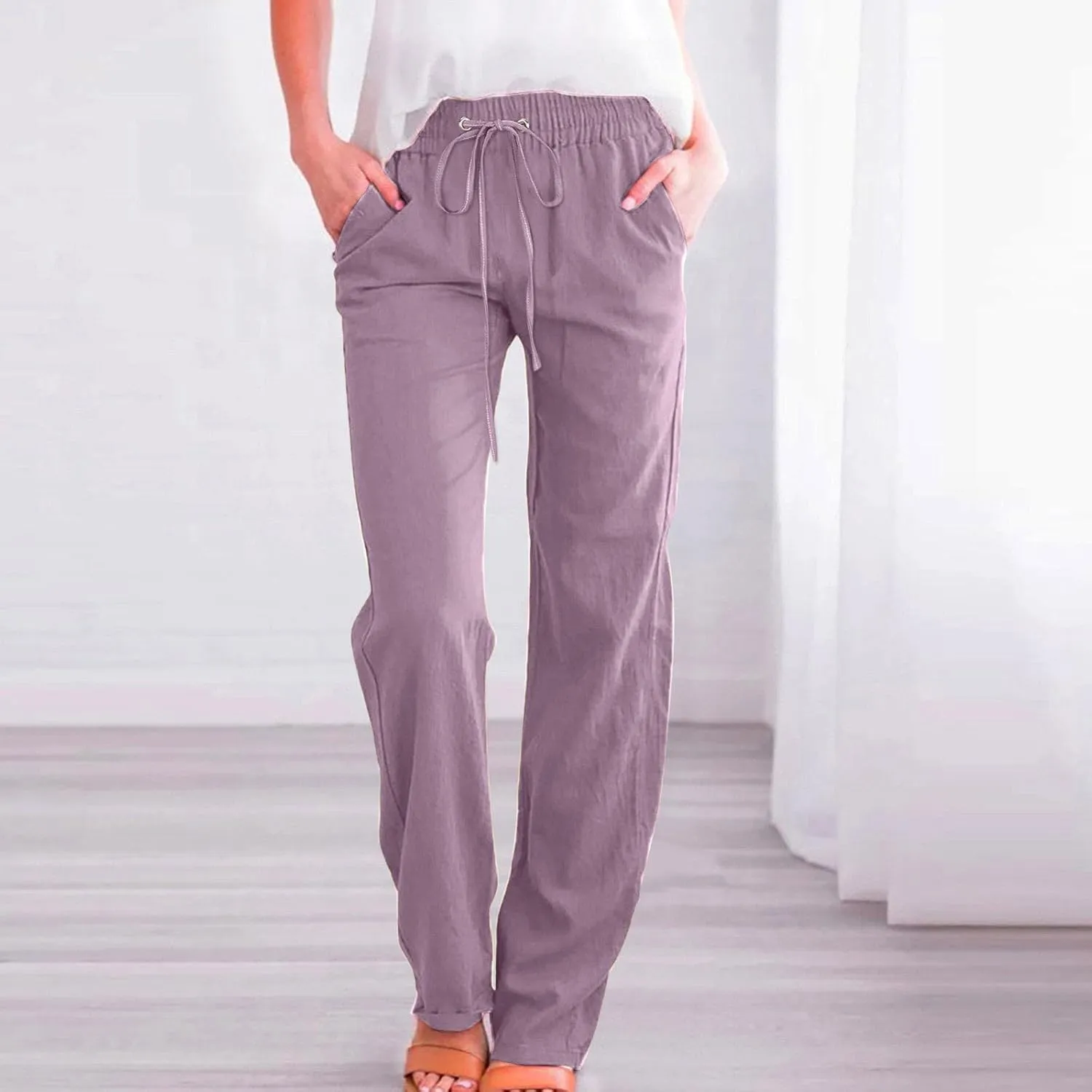 Cotton Linen Pants for Women Drawstring Lightweight Pants Plus Size Wide Leg Sweatpants Summer Elastic Waist Trousers