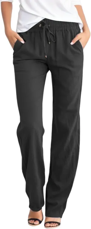 Cotton Linen Pants for Women Lightweight Summer Relax Fit Elastic Waist Plus Size Solid Lounge Long Casual Trousers