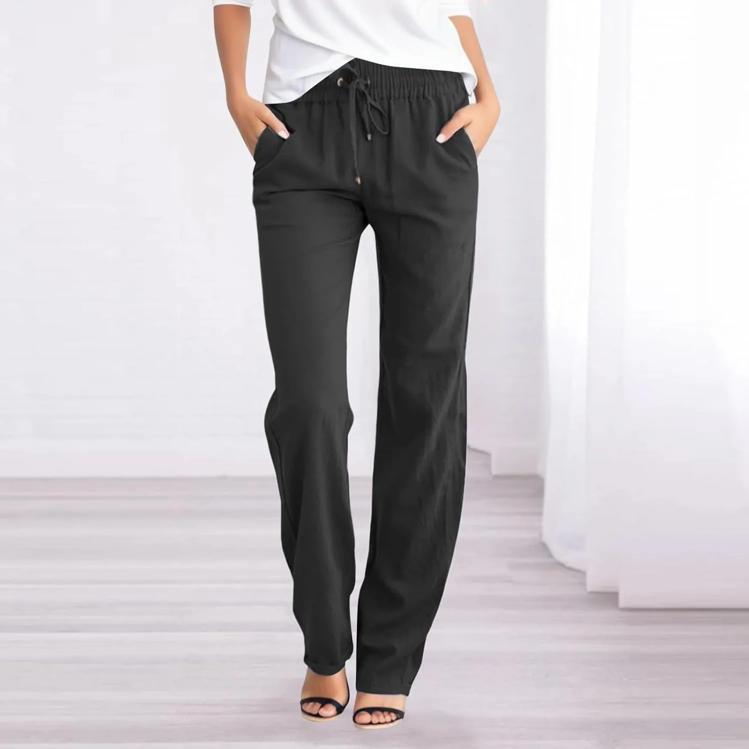 Cotton Linen Pants for Women Lightweight Summer Relax Fit Elastic Waist Plus Size Solid Lounge Long Casual Trousers
