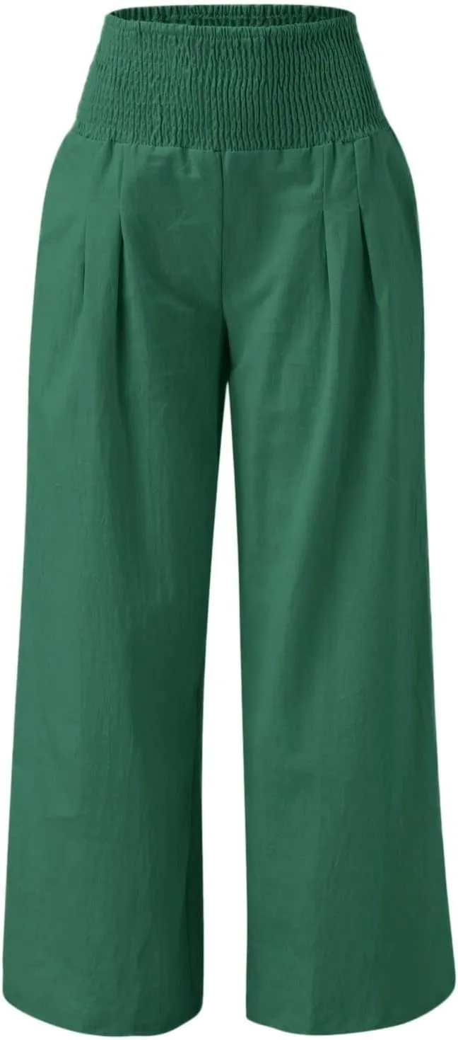 Cotton Linen Pants for Women Summer Casual Loose Wide Leg Palazzo Pants Smocked High Waist Flowy Beach Trousers