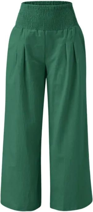 Cotton Linen Pants for Women Summer Casual Loose Wide Leg Palazzo Pants Smocked High Waist Flowy Beach Trousers