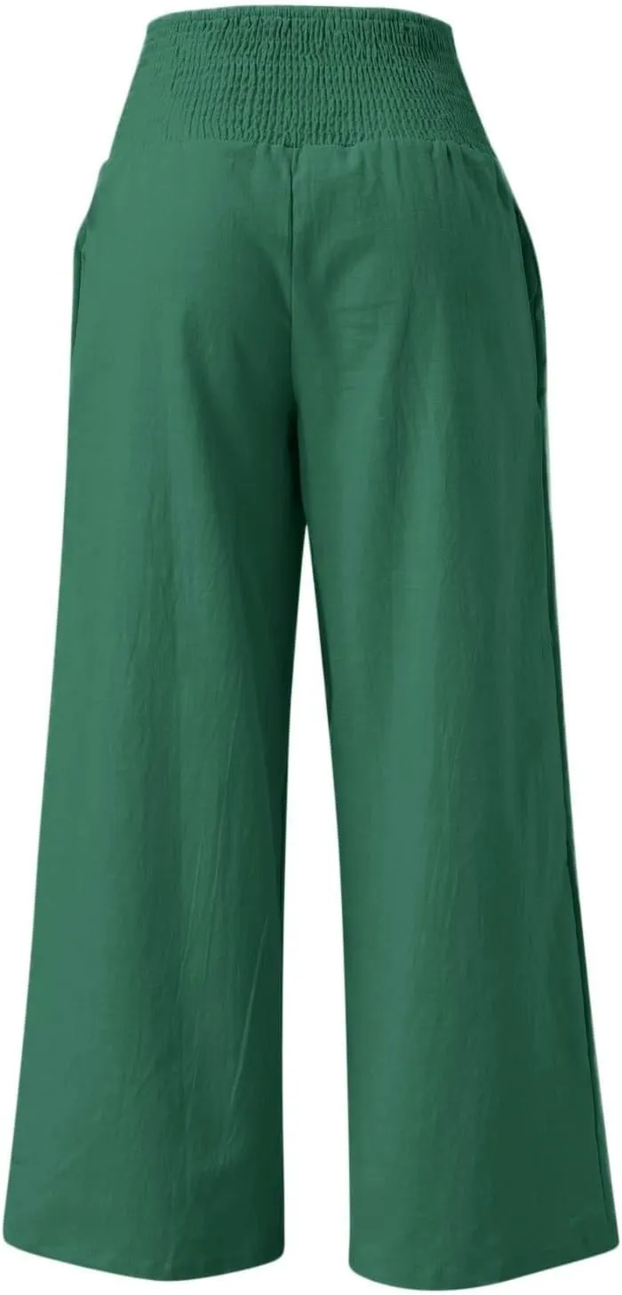 Cotton Linen Pants for Women Summer Casual Loose Wide Leg Palazzo Pants Smocked High Waist Flowy Beach Trousers