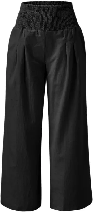 Cotton Linen Pants for Women Summer Casual Loose Wide Leg Palazzo Pants Smocked High Waist Flowy Beach Trousers