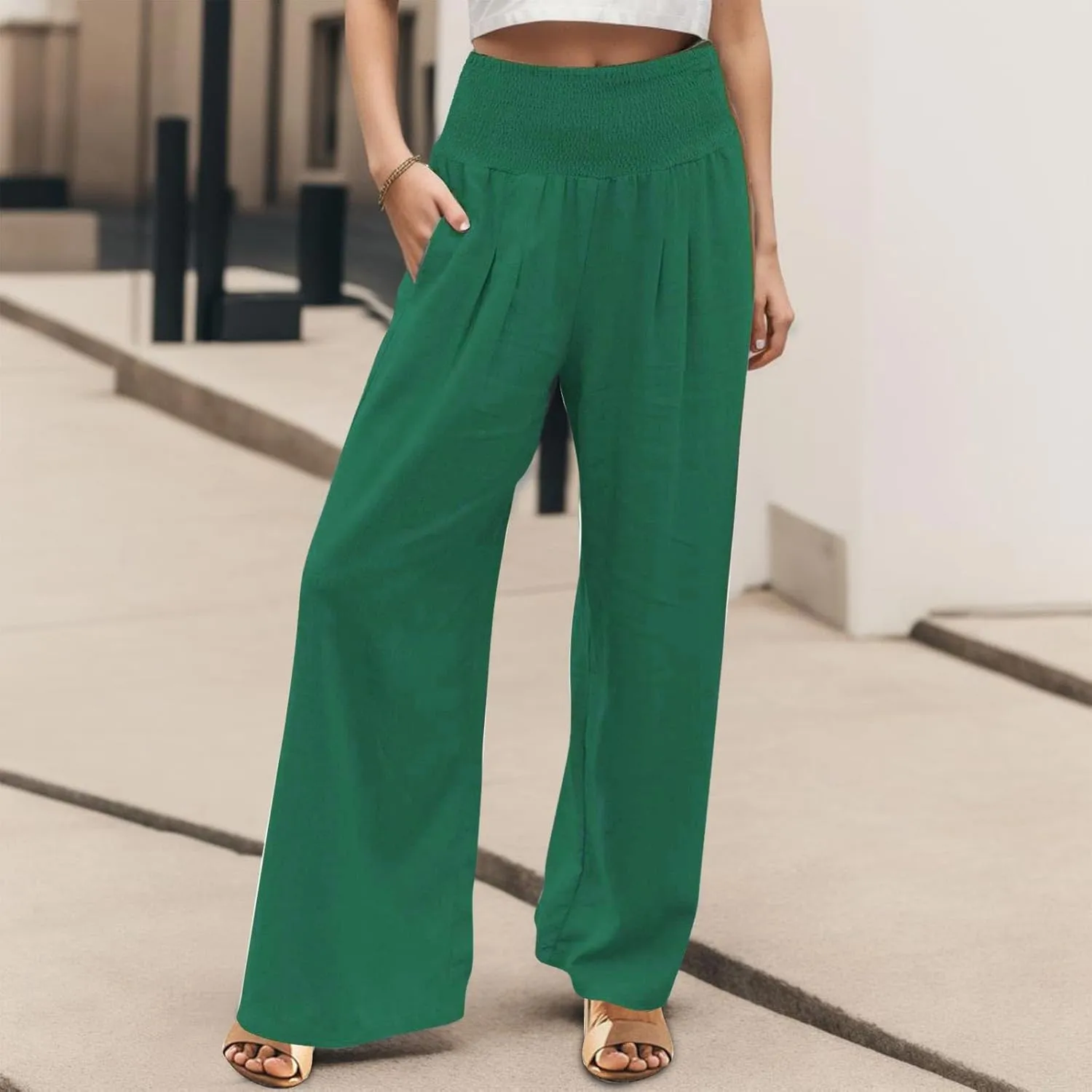 Cotton Linen Pants for Women Summer Casual Loose Wide Leg Palazzo Pants Smocked High Waist Flowy Beach Trousers