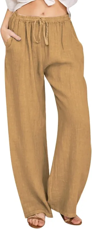 Cotton Linen Pants Women Summer Drawstring High Waisted Palazzo Pants Casual Wide Leg Yoga Trousers with Pockets