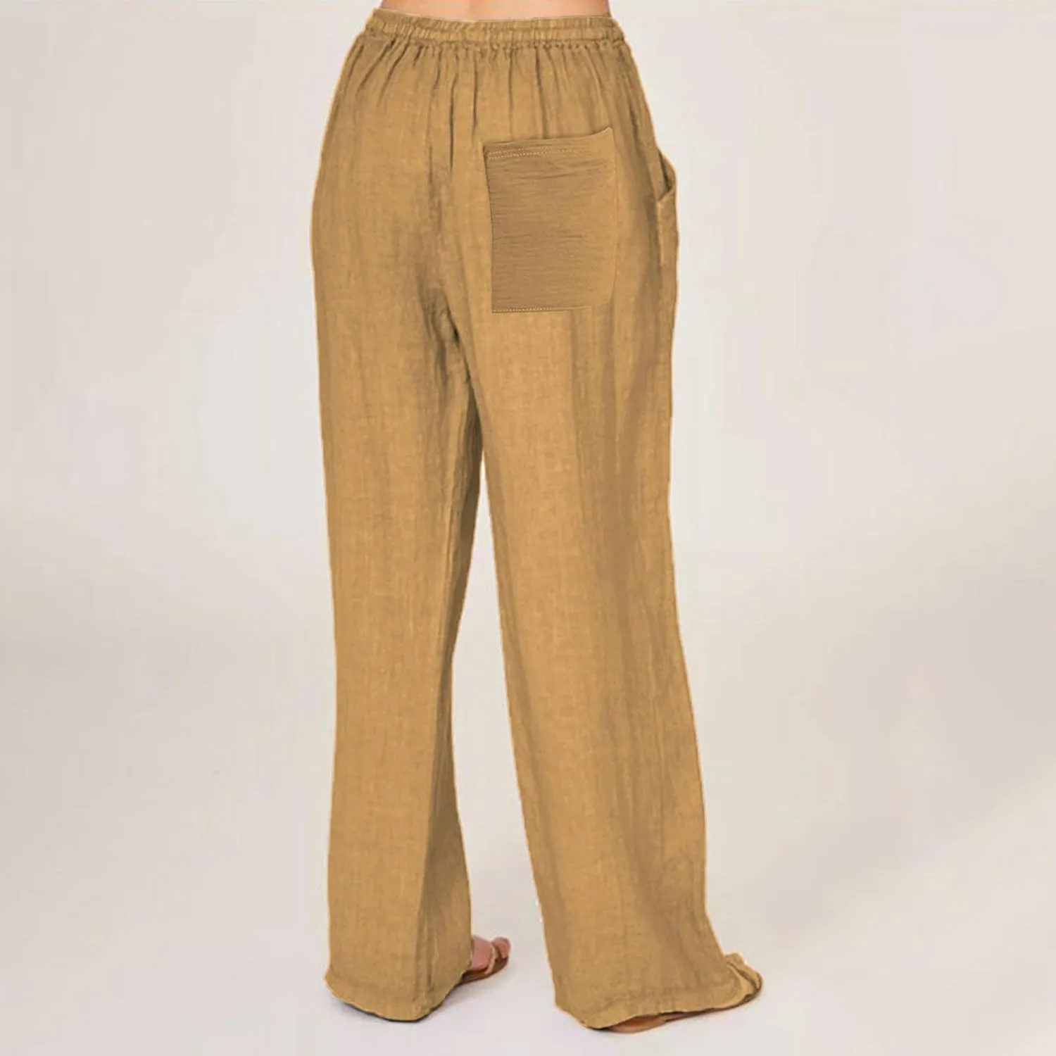 Cotton Linen Pants Women Summer Drawstring High Waisted Palazzo Pants Casual Wide Leg Yoga Trousers with Pockets
