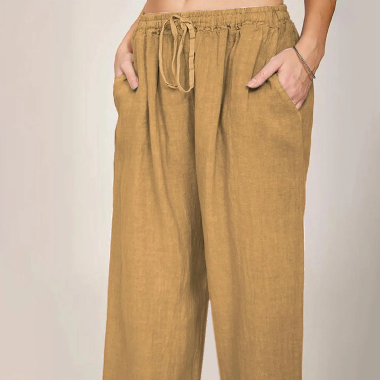 Cotton Linen Pants Women Summer Drawstring High Waisted Palazzo Pants Casual Wide Leg Yoga Trousers with Pockets
