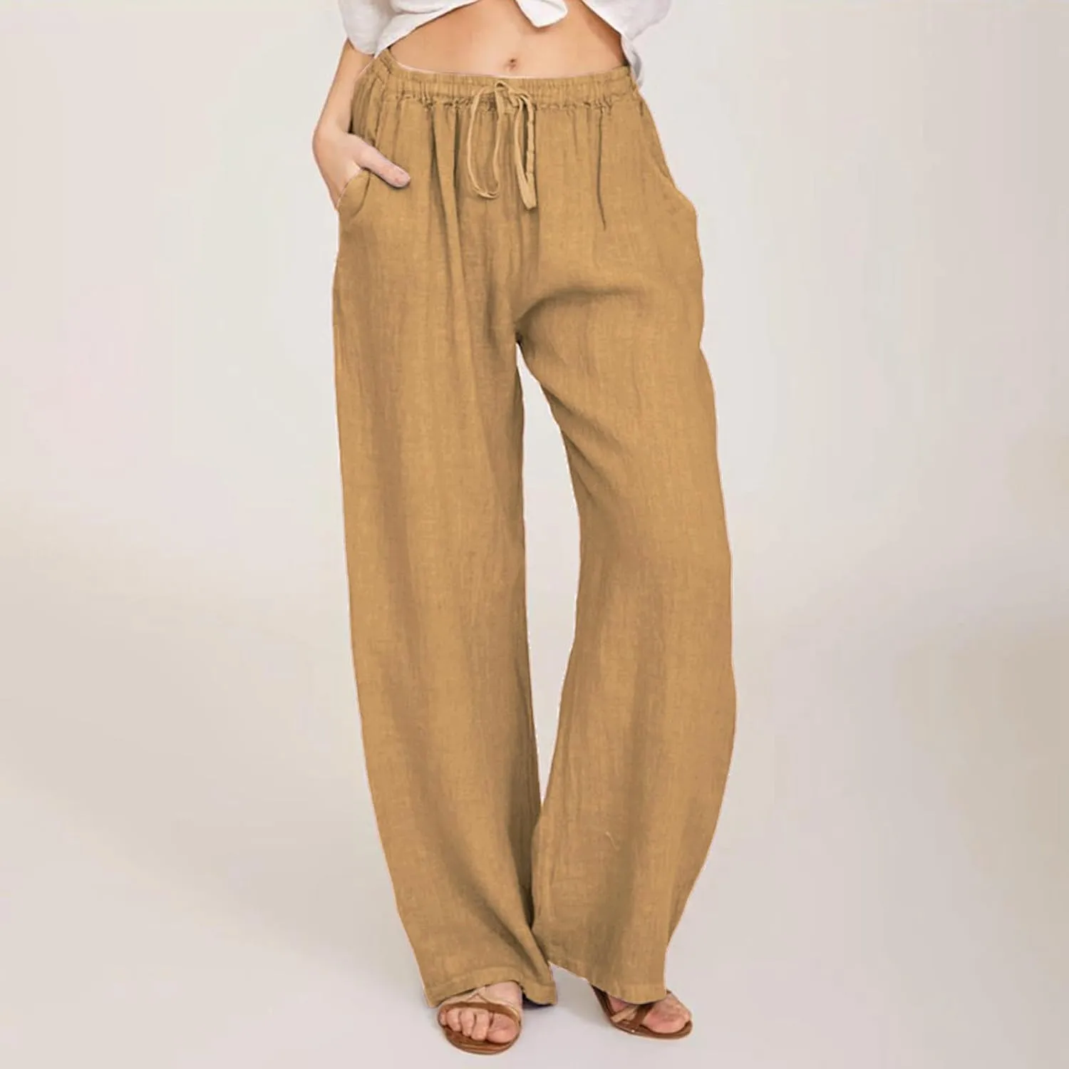Cotton Linen Pants Women Summer Drawstring High Waisted Palazzo Pants Casual Wide Leg Yoga Trousers with Pockets