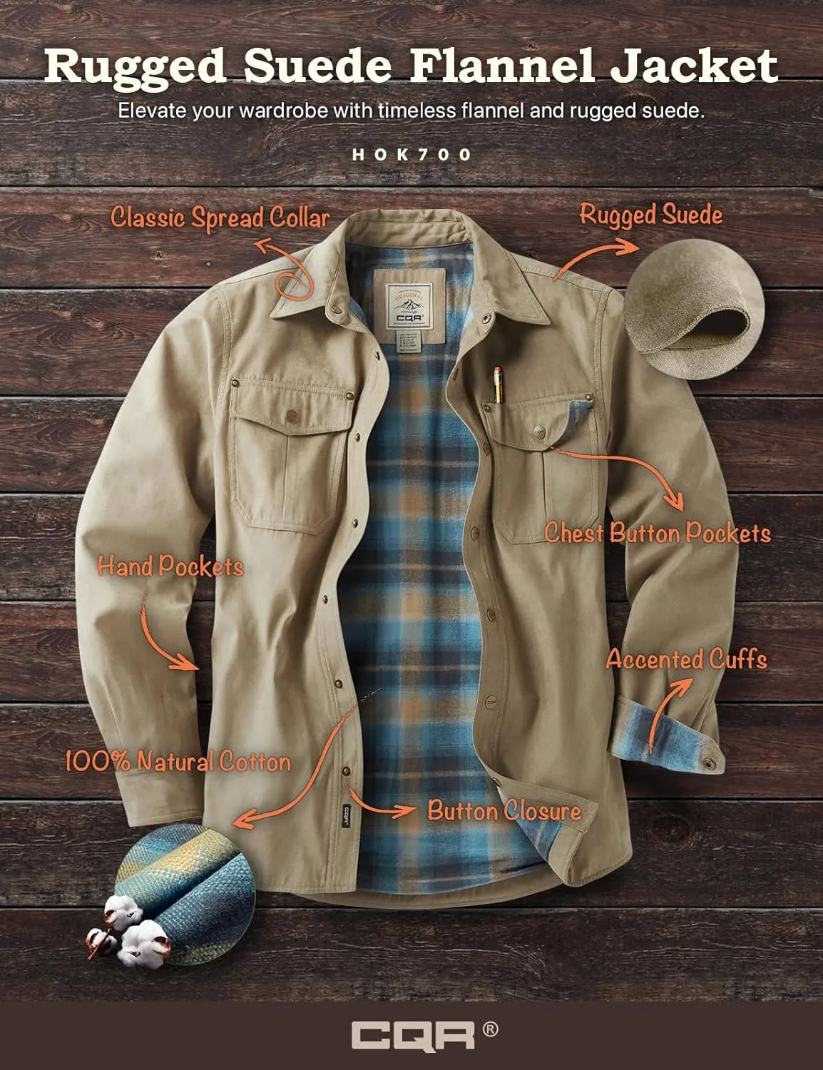 CQR Men's Flannel Lined Shirt Jackets, Long Sleeved Rugged Plaid Cotton Brushed Suede Shirt Jacket