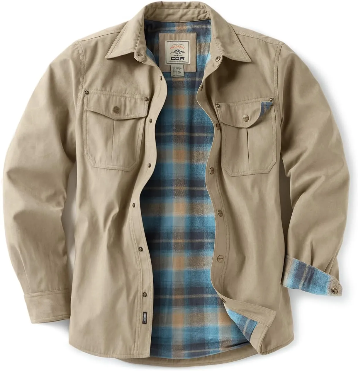 CQR Men's Flannel Lined Shirt Jackets, Long Sleeved Rugged Plaid Cotton Brushed Suede Shirt Jacket
