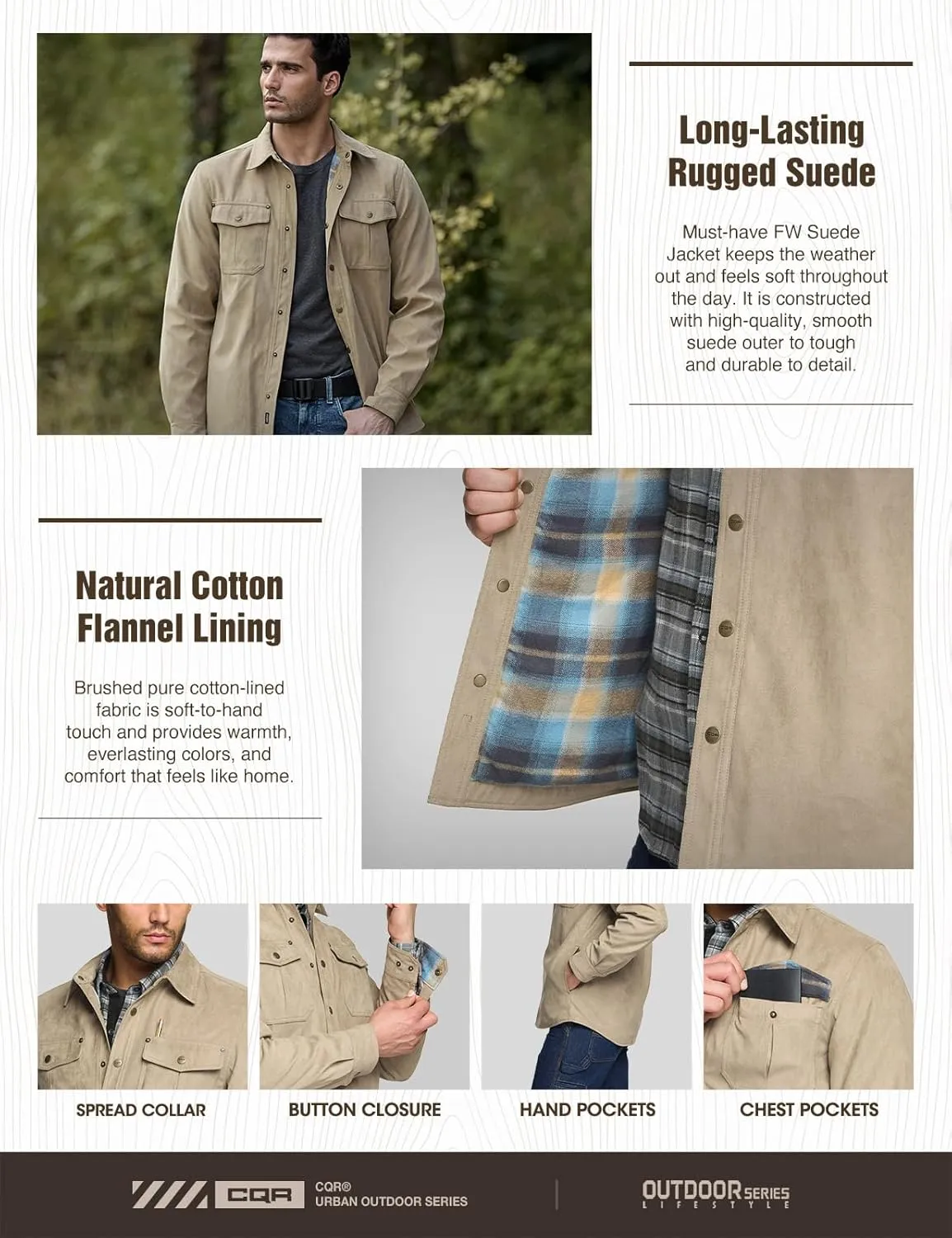 CQR Men's Flannel Lined Shirt Jackets, Long Sleeved Rugged Plaid Cotton Brushed Suede Shirt Jacket