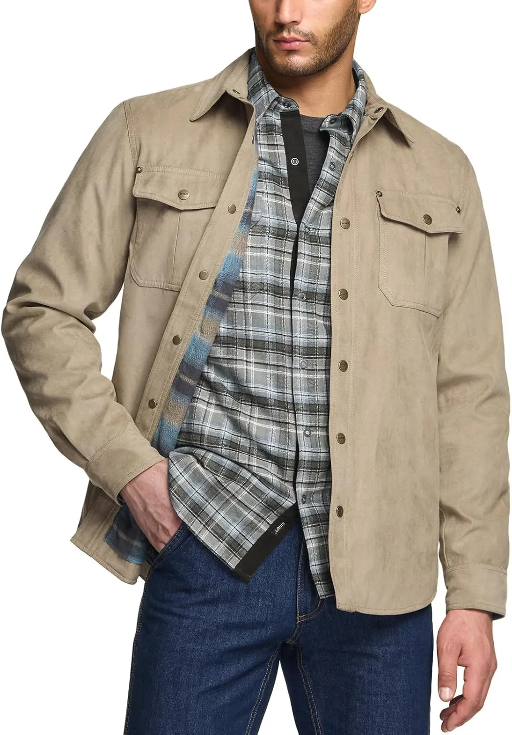 CQR Men's Flannel Lined Shirt Jackets, Long Sleeved Rugged Plaid Cotton Brushed Suede Shirt Jacket