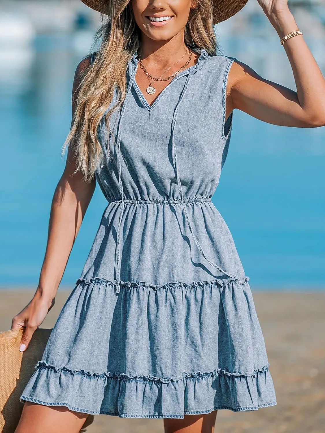CUPSHE Women's Split V Neck Ruffled Sleeveless Denim Skirt Summer Mini Dress