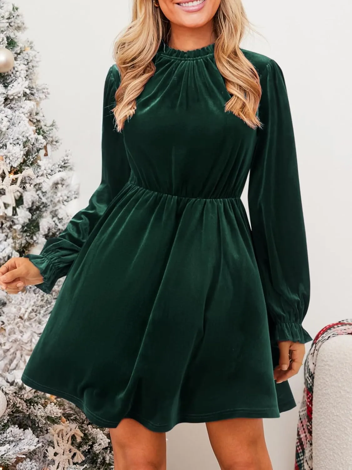 CUPSHE Women's Velvet Dress High Neck Long Sleeve Fall Mini Party Ruffled Wedding Guest Dress