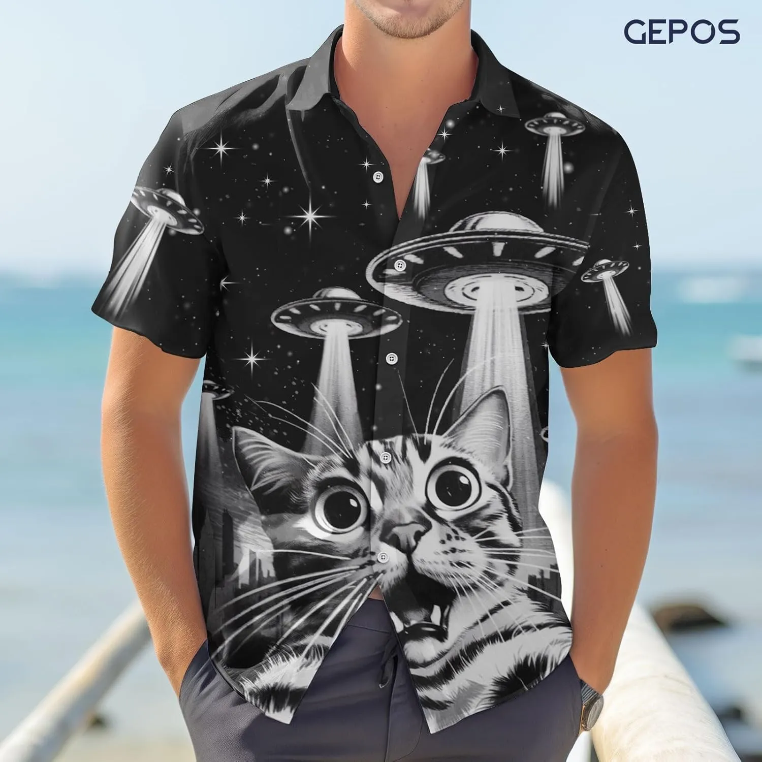 Cute Cat Print Hawaiian Shirt, Vintage Cat Short Sleeve Button Shirt, Summer Gifts, Birthday Gifts