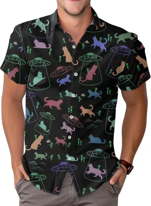 Cute Cat Print Hawaiian Shirt, Vintage Cat Short Sleeve Button Shirt, Summer Gifts, Birthday Gifts