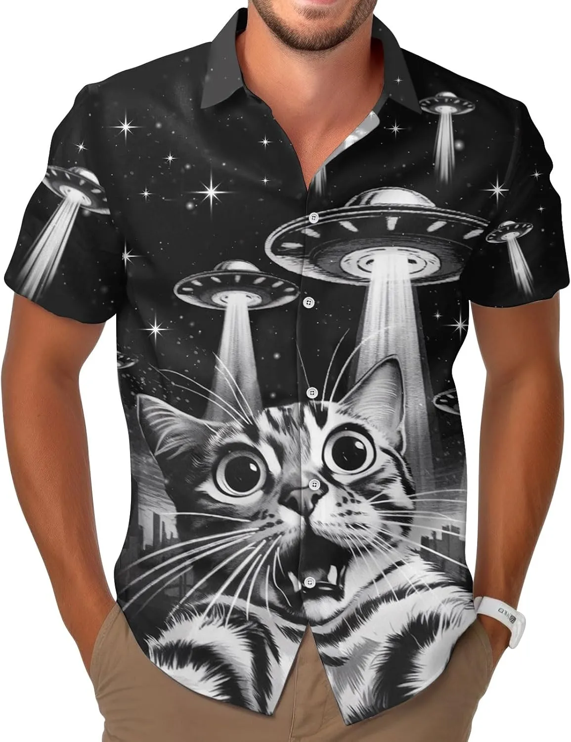 Cute Cat Print Hawaiian Shirt, Vintage Cat Short Sleeve Button Shirt, Summer Gifts, Birthday Gifts
