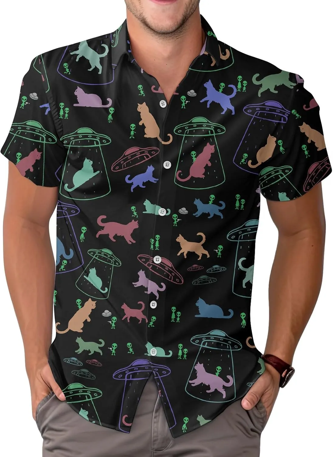 Cute Cat Print Hawaiian Shirt, Vintage Cat Short Sleeve Button Shirt, Summer Gifts, Birthday Gifts
