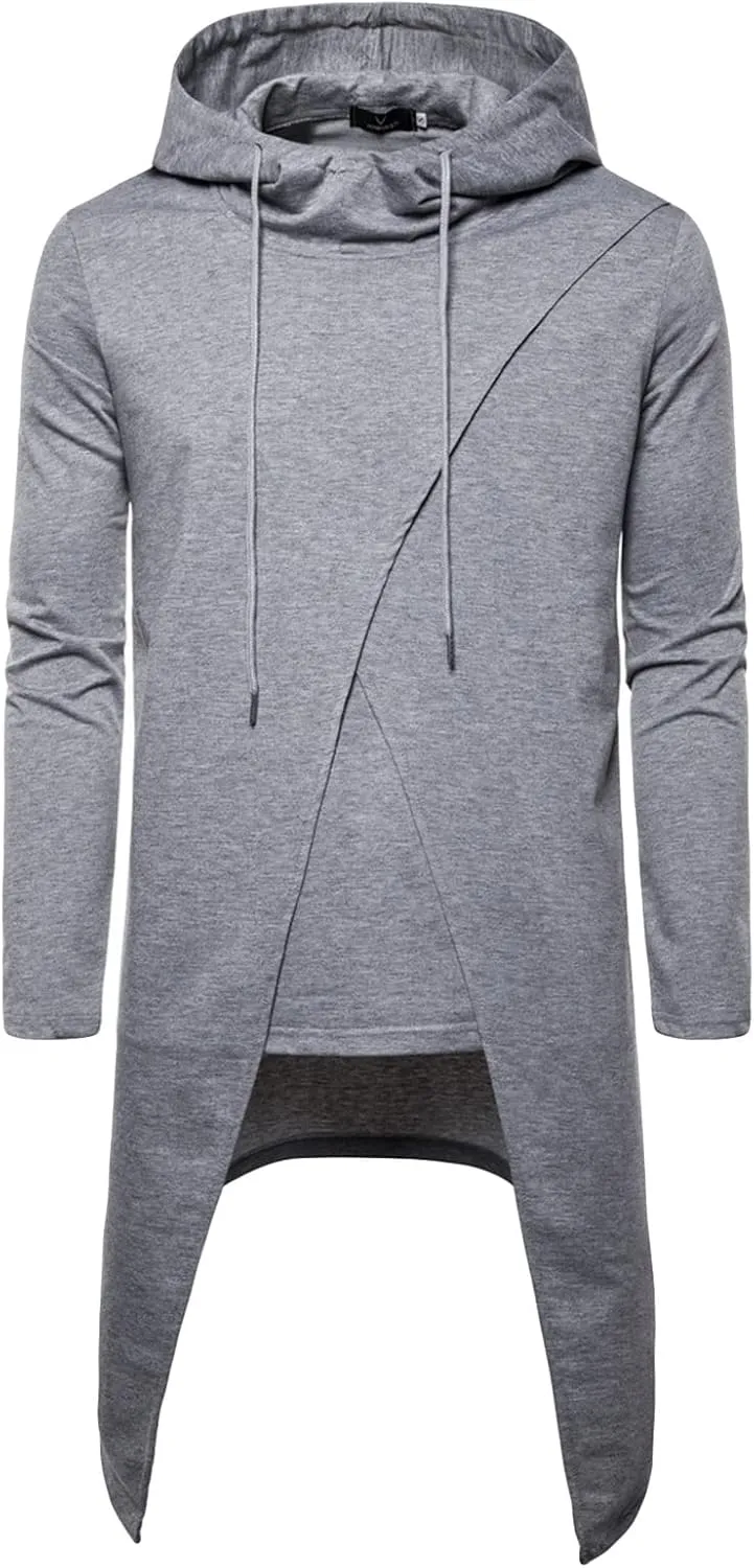 DGHM-JLMY Men's Irregular Long Hooded Pullover Long Length Cloak Cotton Blend Pullover Cape Cloak Asymmetric Hem Hoodie
