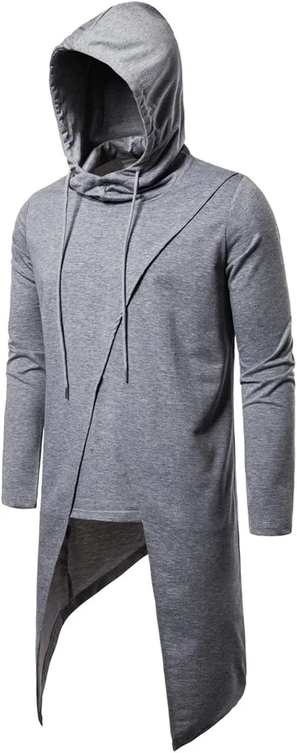 DGHM-JLMY Men's Irregular Long Hooded Pullover Long Length Cloak Cotton Blend Pullover Cape Cloak Asymmetric Hem Hoodie
