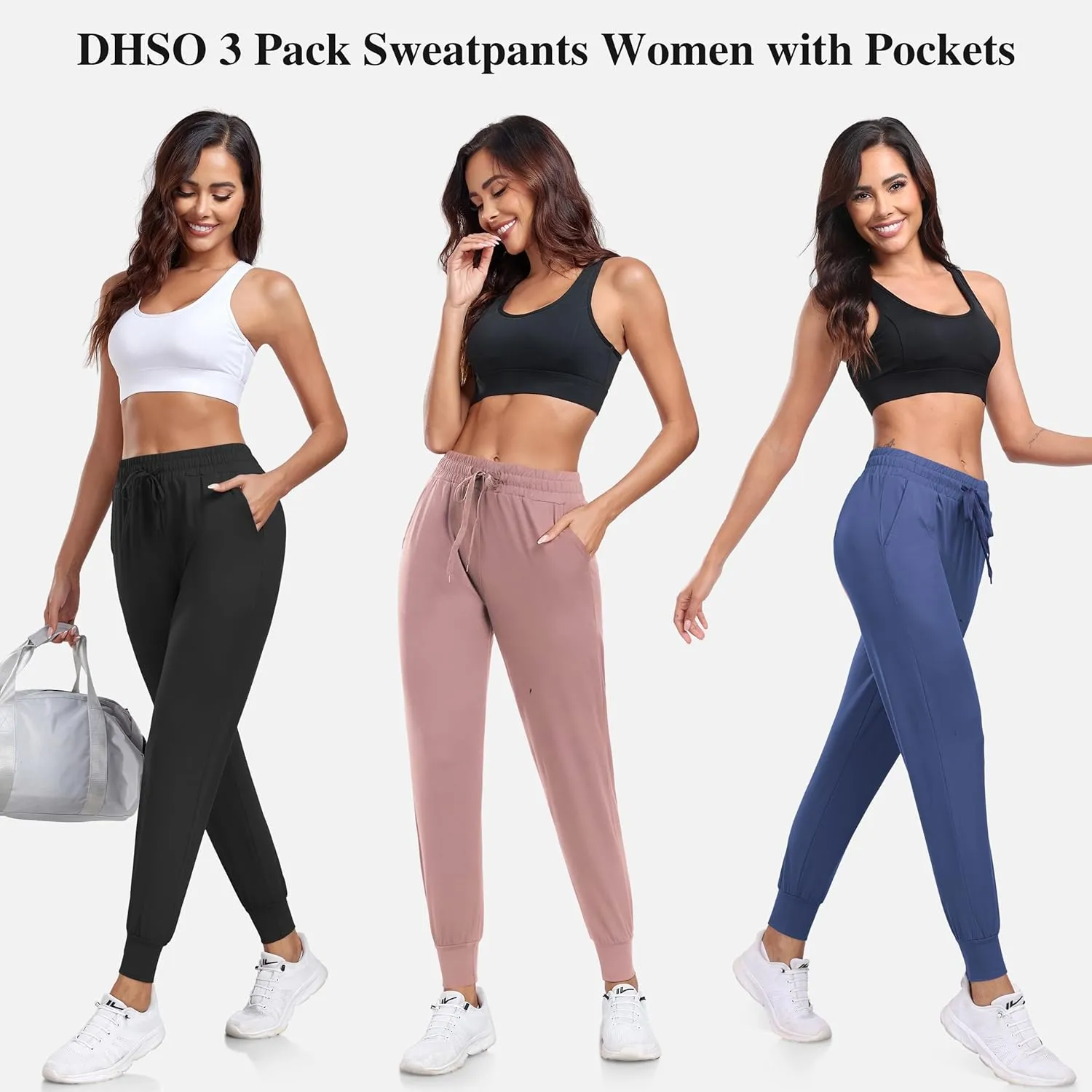 DHSO 3 Pack Sweatpants for Women-Womens Joggers with Pockets Athletic Leggings for Workout Yoga Running Pants Trousers