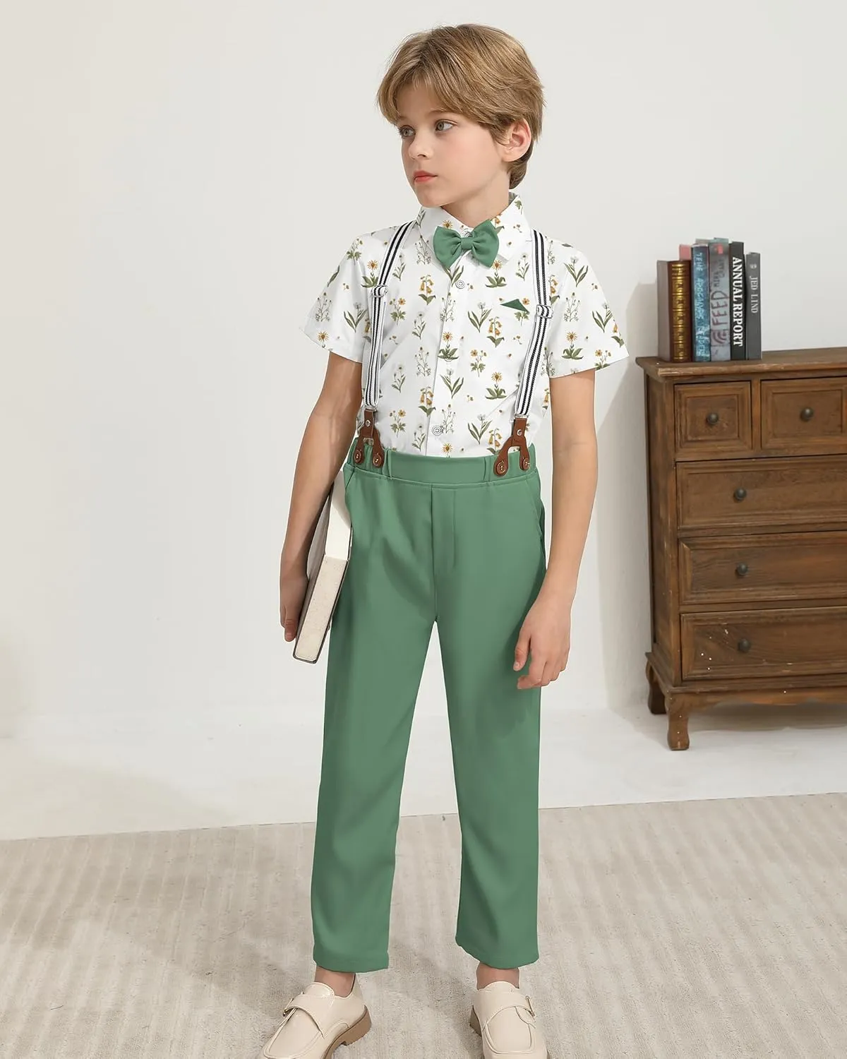 DISAUR Boys Suits 3 Pieces Formal Dress Shirt with Bowtie Suspender Pants Boy Gentleman Outfits Set 4-8 Years