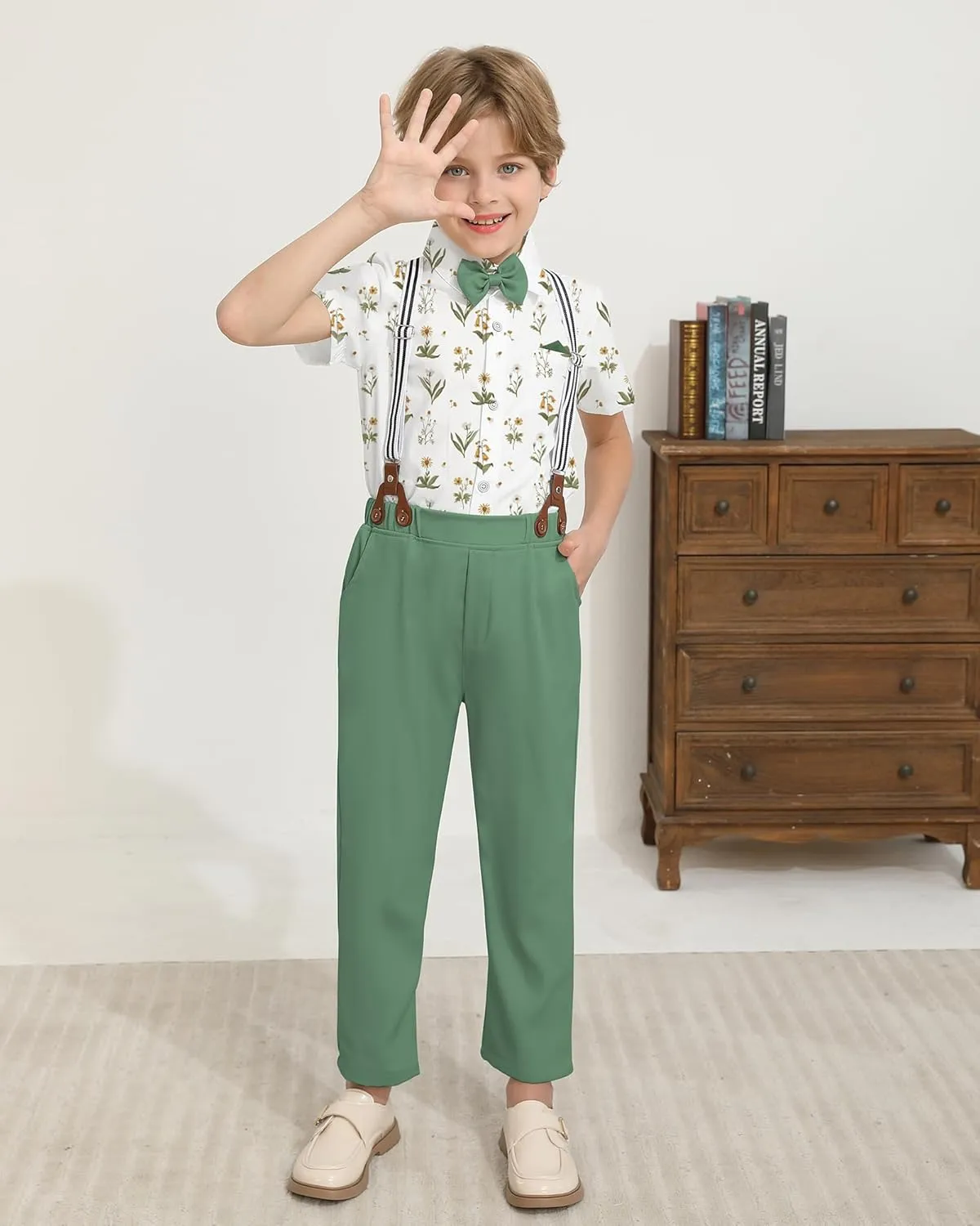 DISAUR Boys Suits 3 Pieces Formal Dress Shirt with Bowtie Suspender Pants Boy Gentleman Outfits Set 4-8 Years