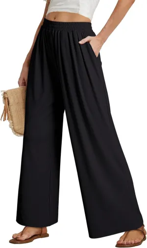 Dokotoo Women's Elastic Waist Wide Leg Pants Baggy Casual Stretch Palazzo Pants with Pockets